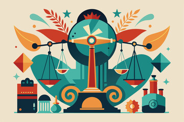 Poster - This artwork showcases a colorful interpretation of imbalanced scales surrounded by dynamic patterns and shapes Vintage Customizable Imbalanced Art