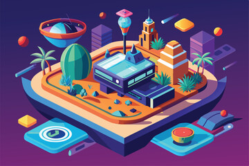 Poster - Exploring a colorful, detailed virtual landscape with buildings, plants, and geometric shapes VR Customizable Semi Flat Illustration