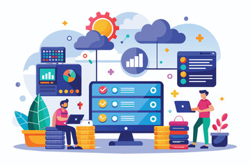 Poster - Two professionals engage in web hosting and big data tasks, surrounded by graphics and clouds Web hosting and big data in a flat illustration.