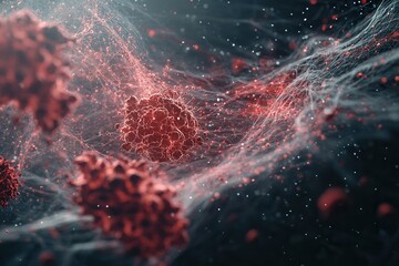 Poster - A vibrant depiction of virus-like particles in an abstract, dynamic environment, showcasing their intricate structure and interaction with surrounding elements.