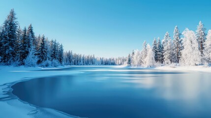 Poster - A frozen lake surrounded by snow-dusted pine trees under a clear blue sky.