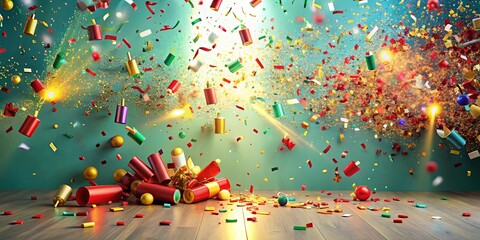 Joyful Celebration Exploding Confetti and Festive Crackers on Wooden Floor