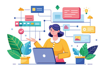 Poster - A woman is creating a detailed website flowchart while using her laptop in a colorful workspace Woman creates website flowchart illustration.