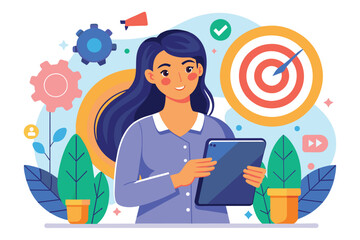 Poster - A woman in a blue shirt reviews business targets on a tablet surrounded by colorful graphics Woman holding tablet with business target illustration, flat design.