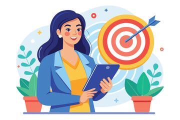 Poster - a woman engages with her tablet, analyzing business targets in an office with plants around her woma