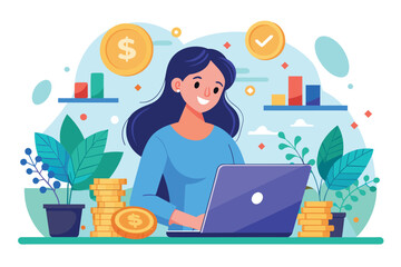 Poster - A woman engages in online investing with her laptop, surrounded by plants and stacks of coins Woman invests money online using a laptop.