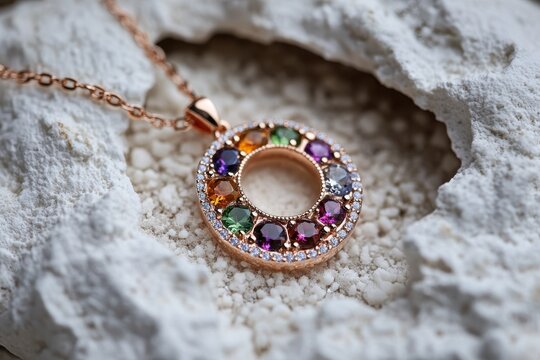 A close-up angled view of a circular pendant necklace with multicolored gemstone detailing