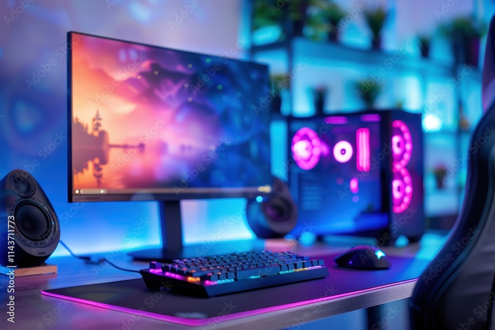 A modern gaming setup featuring a vibrant monitor, RGB keyboard ...