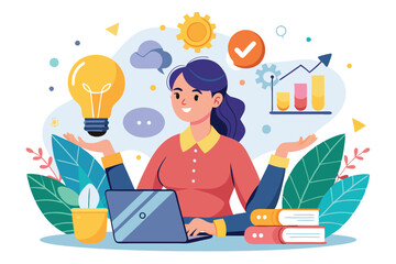 Poster - a woman brainstorms innovative business ideas while using a laptop in a colorful and inspiring envir
