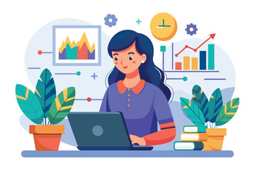 Poster - A woman focuses on her laptop, learning online trading in a bright and inviting workspace filled with plants Woman studying online trading on laptop, flat illustration.