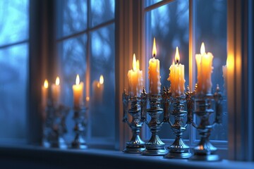 Sticker - Lit candles in ornate holders by a window. AI.