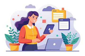 Poster - A woman is busy transferring files between her laptop and smartphone in an organized workspace Woman transferring files from laptop to smartphone using a popular, minimalist illustration.