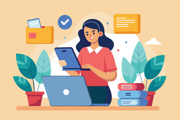 Poster - A woman is sending files from her laptop to her smartphone while surrounded by plants and books Woman transferring files from laptop to smartphone using a popular, minimalist illustration.