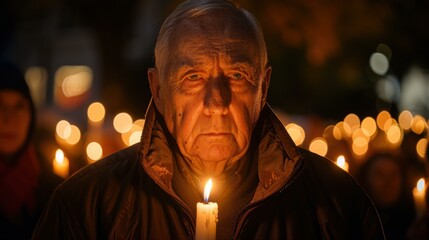 Sticker - A man holds a candlelight in remembrance. AI.