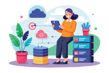 Poster - A woman stands in a bright office setting, using her mobile phone to back up data from a database Woman using mobile phone to backup database with cloud, flat illustration.