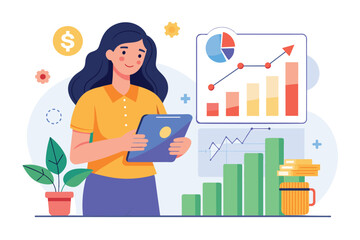 Poster - The woman studies marketing graphs displaying revenue trends with a tablet in hand, surrounded by plants Woman with a flat marketing investment graph, showing low effectiveness.