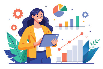 Poster - A woman holds a tablet, smiling as she reviews marketing investment graphs in an office Woman with a flat marketing investment graph, showing low effectiveness.