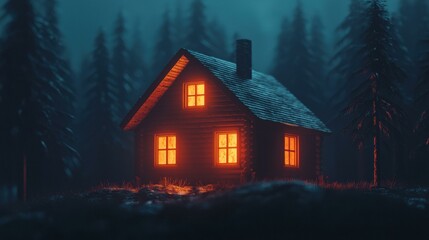 Wall Mural - A cozy cabin glows warmly in the dark forest. AI.