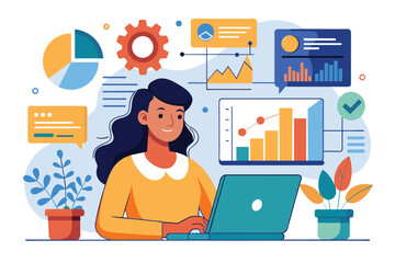 Poster - A woman is analyzing digital data and charts while working on her laptop in a bright office space Woman worker analyzing digital data and charts in a flat illustration.
