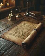 Fototapete - An ancient scroll rests on a wooden table. AI.