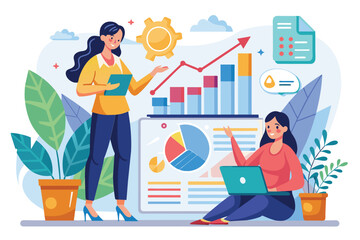 Poster - Two women evaluate financial charts with graphs and data in a vibrant office setting Women analyze graphs of growth and earnings, flat illustration.
