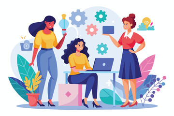 Poster - Three women engage in teamwork, brainstorming ideas and solving challenges in an inspiring office setting Women collaborating to solve a problem, illustrated in a flat style.