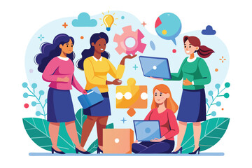 Poster - Four women work together in an office, using laptops and brainstorming to tackle a problem Women collaborating to solve a problem, illustrated in a flat style.