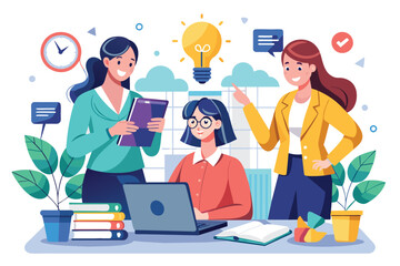 Poster - three women engage in planning a business, sharing ideas and brainstorming at a workspace in dayligh