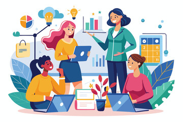 Poster - four women engage in business planning with laptops, charts, and a positive workspace atmosphere wom