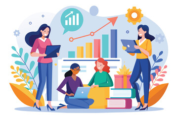 Poster - A group of women engage in a productive discussion, focusing on improving company growth strategies Women studying to improve company growth data, flat illustration.