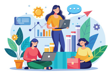 Poster - three women engage with growth data on laptops, collaborating in a vibrant, modern work environment 