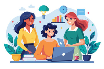 Poster - Three women engage in teamwork around a laptop in a fresh, modern office filled with plants and resources Women working together, illustrated flatly.