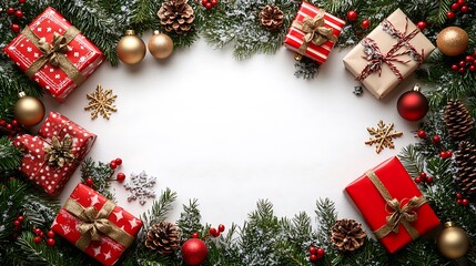 Wall Mural - A vibrant arrangement of wrapped gifts in red and green with golden bows, scattered snowflakes, and small ornaments on a clean white background for a cheerful holiday feel. 