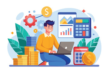 Poster - A professional calculates business income on a laptop, surrounded by charts and financial symbols Worker calculates business income using a flat illustration.