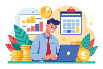 Poster - A worker focused on calculating business income using a laptop, with charts and coins in the background Worker calculates business income using a flat illustration.
