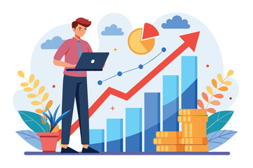 Poster - a worker examines a stagnant sales growth graph, reflecting on strategies for improvement and future