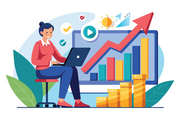 Poster - A worker examines a sales growth graph that shows stagnant performance in a colorful office setting Worker examines a stagnant sales growth graph.