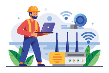 Poster - A technician checks a Wi-Fi router while standing in a bright, contemporary workspace Worker inspecting wifi router, flat design illustration