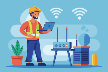 Poster - a worker with safety gear checks a wifi router while using a laptop in a neat environment worker ins