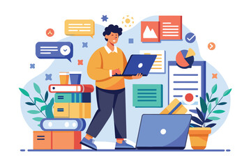 Poster - an individual stands at a desk, sorting documents and data on a laptop in a vibrant office environme