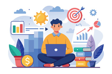 Poster - A worker sits cross-legged with a laptop, concentrating on achieving business goals amid colorful graphics Worker using laptop to focus on business goals, illustrated in a flat style.