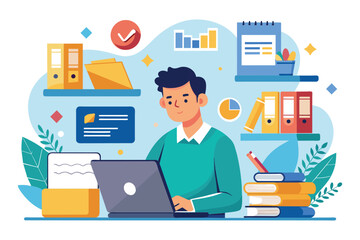 Poster - A person focuses on organizing files and data efficiently at a clean and organized desk Worker using laptop to organize documents and data, flat illustration.
