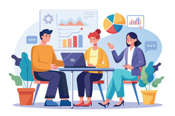 Poster - Team collaborates to analyze company data during a brainstorming session in a modern office, Workers brainstorm and analyze company data at the negotiation table, depicted in a flat illustration.