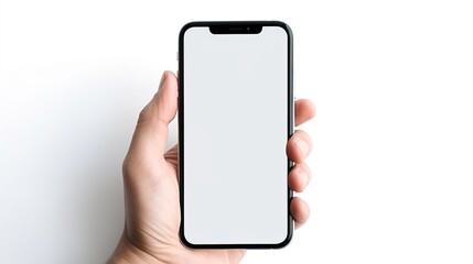 hand holding modern smart phone mockup..copy space white screen
