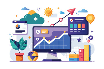Poster - A vibrant digital workspace features charts, graphs, and plants, illustrating data analysis activities Working on a project illustration that is currently trending and flat.