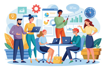 Poster - a diverse group of professionals works together in a bright office, sharing ideas and collaborating 