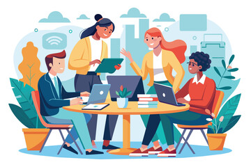 Poster - Four business professionals engage in a collaborative discussion at a round table in a modern workspace Working together with business people at a table, shown in a flat illustration.