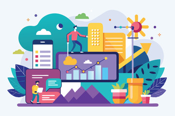 Poster - two individuals collaborate on a project with digital tools, graphs, and colorful elements in the ba