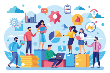 Poster - A diverse group of professionals engaged in a collaborative meeting, analyzing data and sharing ideas Working together with companies, using flat illustrations.