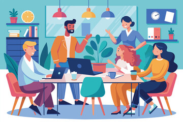 Poster - A group of five professionals actively discussing ideas around a large table in a vibrant workspace Workspace meeting illustration.